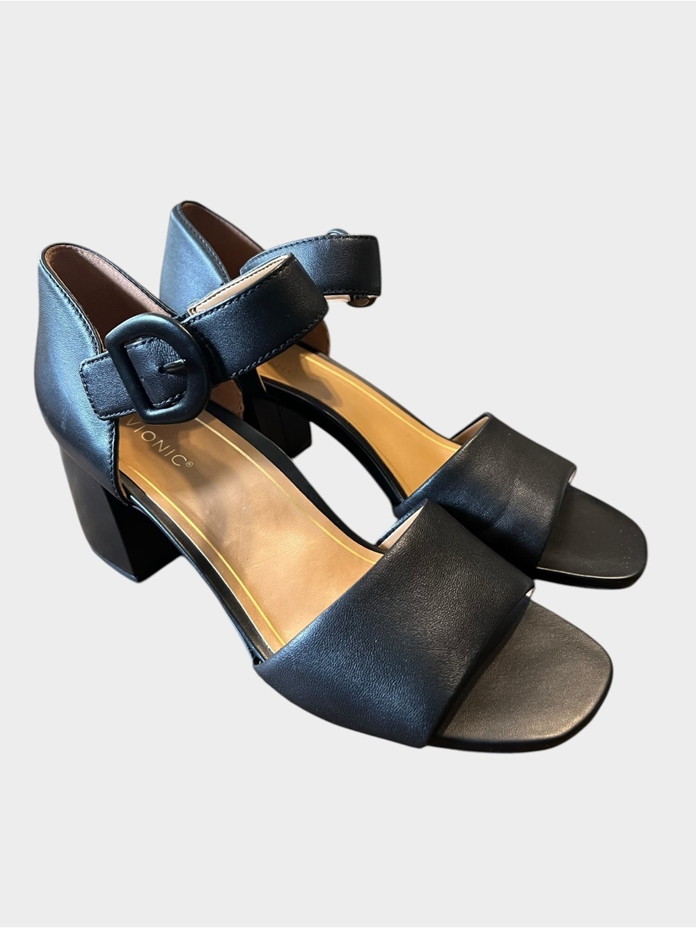 Vionic Chardonnay Black Leather Comfort Block Heel Sandals Size 10M